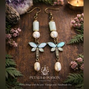 Dragonfly Drop Earrings | Aquamarine & Pearl | One of a Kind